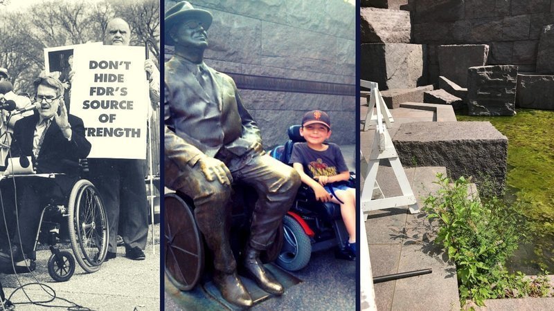 3 photos from FDR wheelchair statue protest and dedication. Far left is Mike Deland protesting, middle is boy with disability next to wheelchair statue and far right is repairs needed at memorial